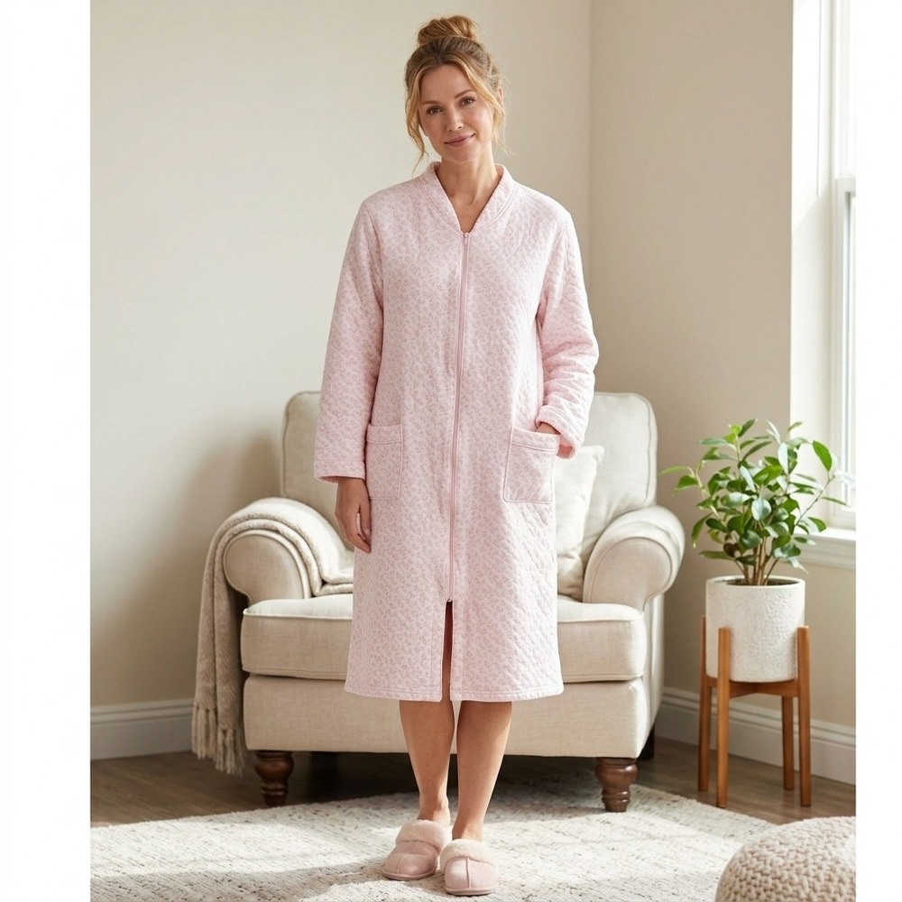 Miss Elaine Pink Floral Zip Front Robe Housecoat Long Sleeve Fleece Lined XL